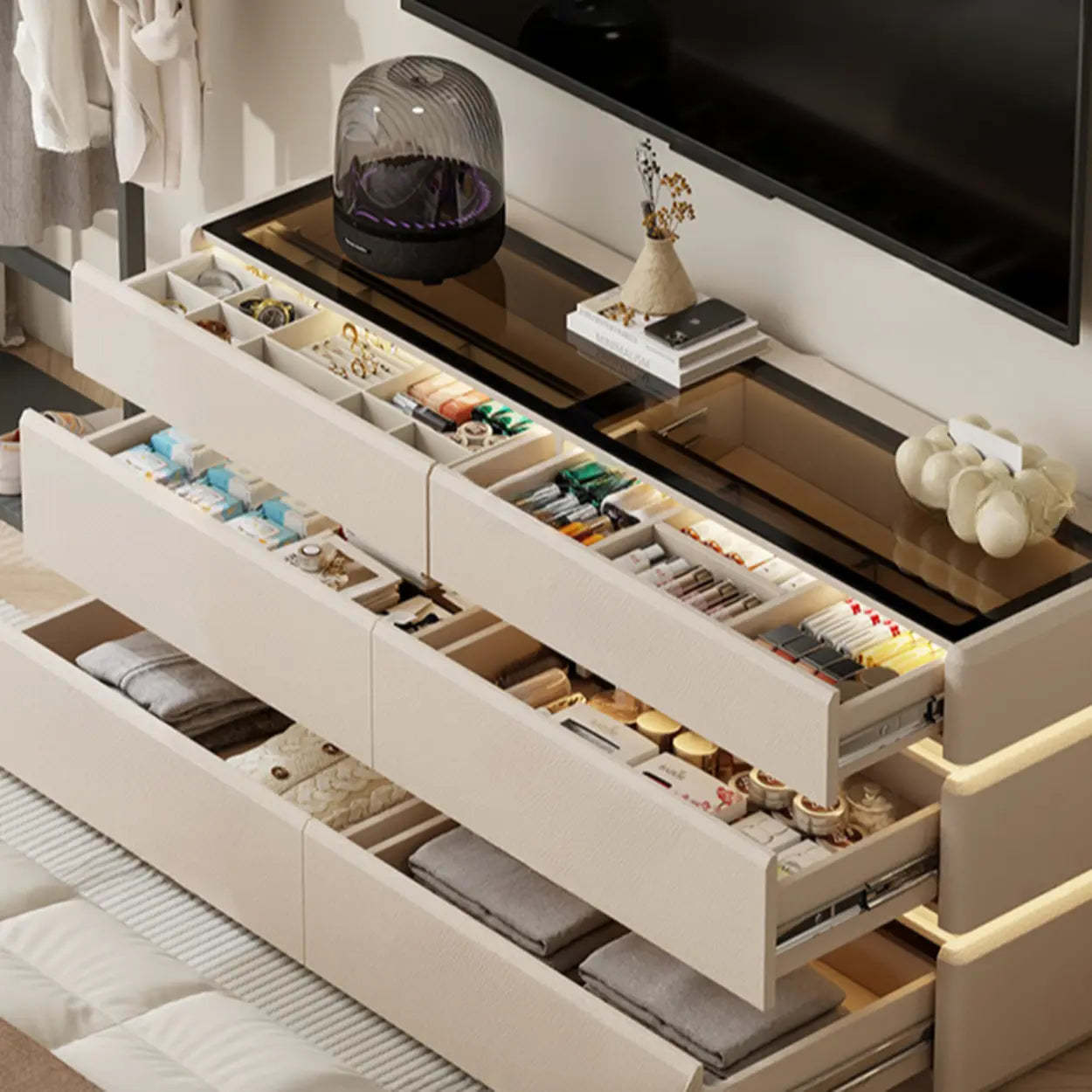 Modern Black LED TV Stand with Drawers — Cream