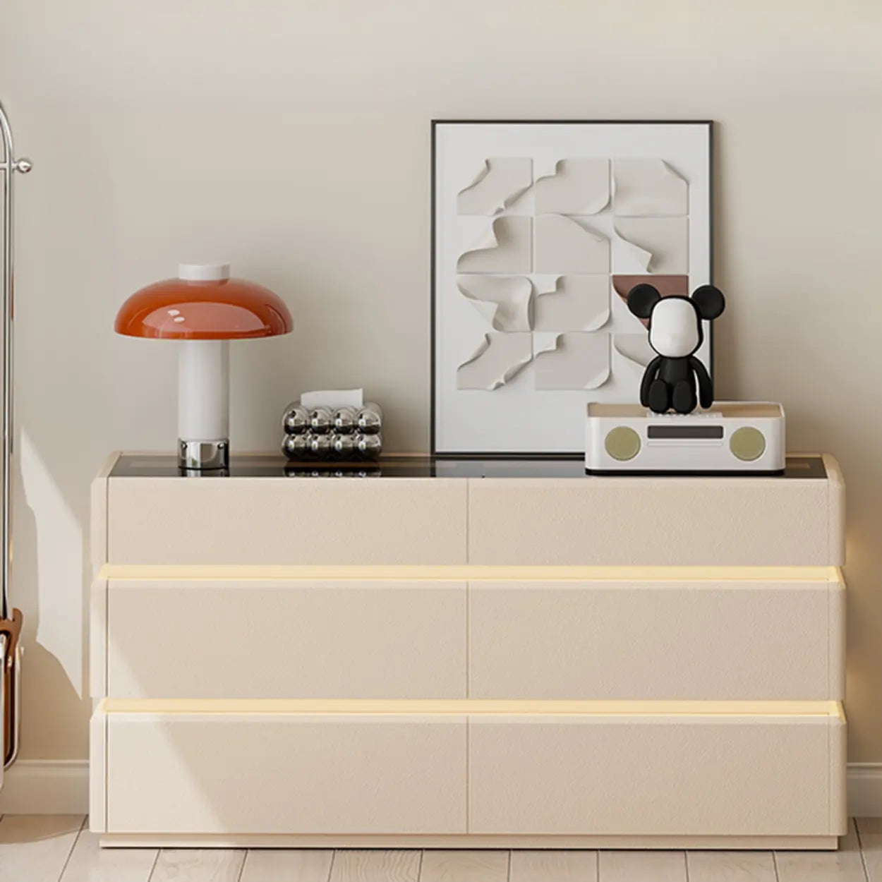 Modern Black LED TV Stand with Drawers — Cream