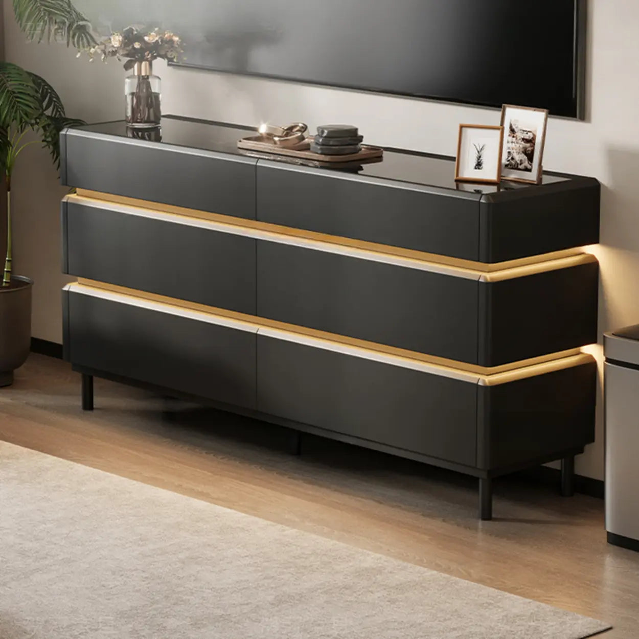 Modern Black LED TV Stand with Drawers — Cream