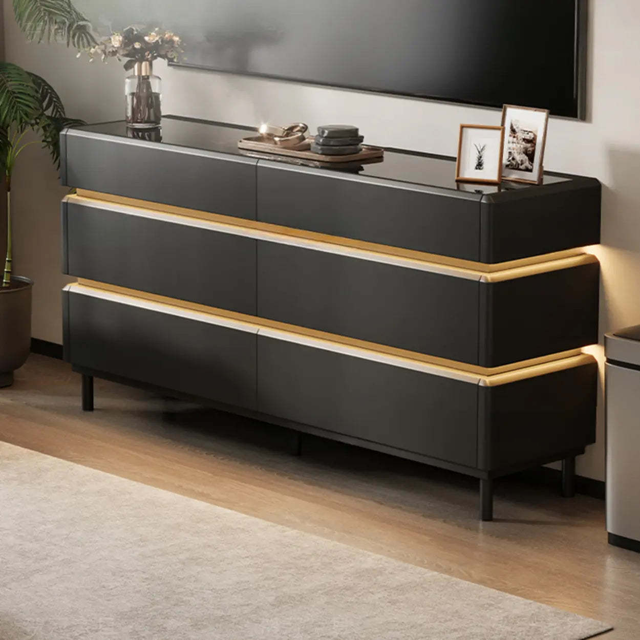Modern Black LED TV Stand with Drawers — Cream