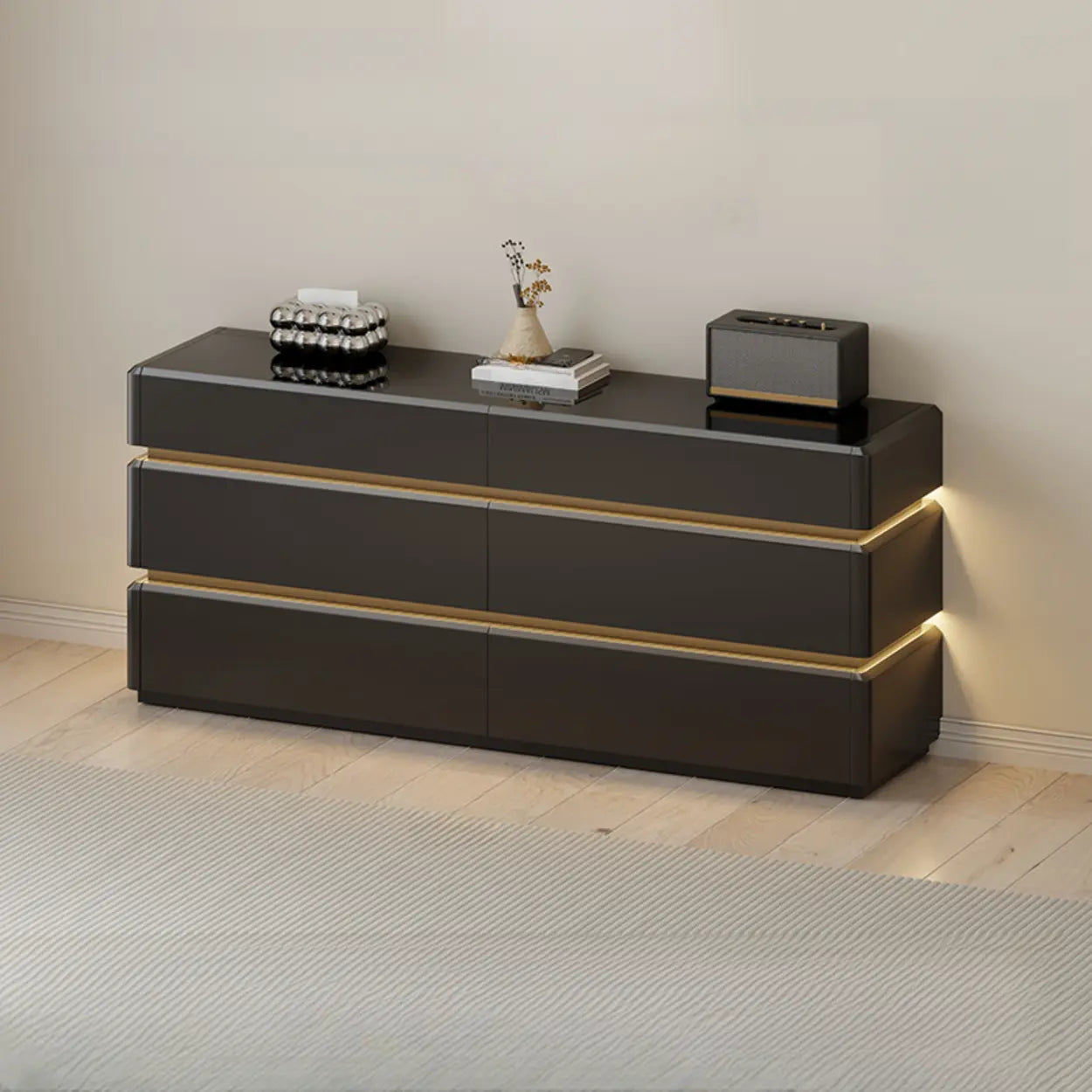 Modern Black LED TV Stand with Drawers — Cream