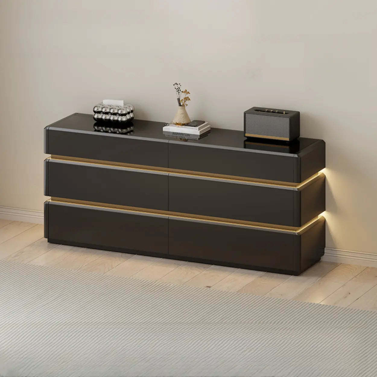 Modern Black LED TV Stand with Drawers — Cream
