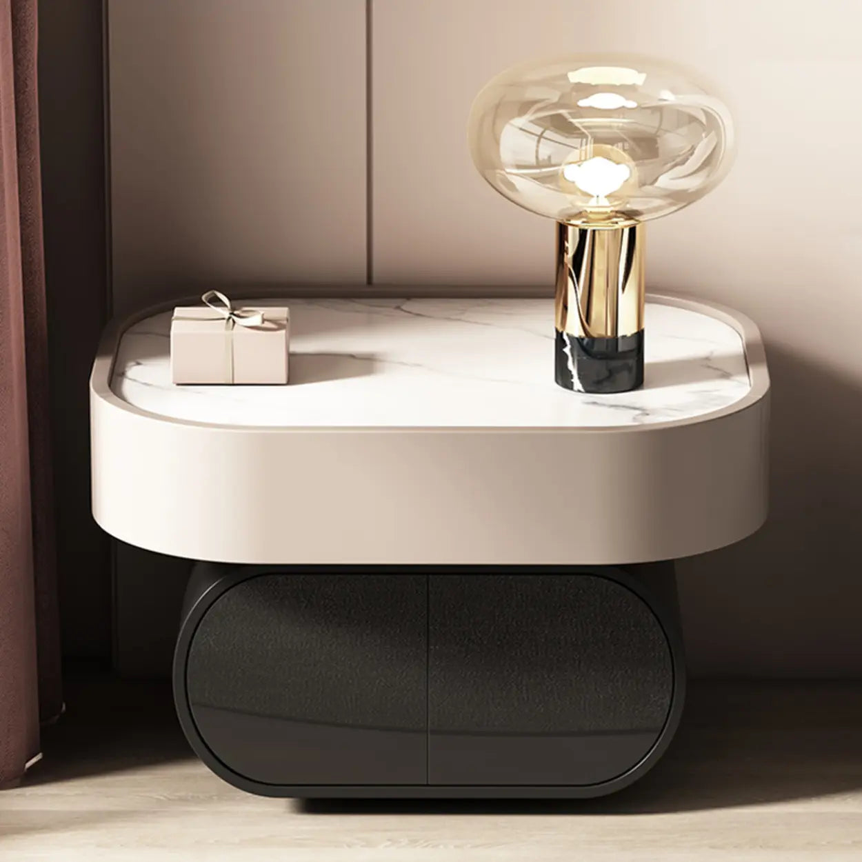 Modern Black White Marble-Top Nightstand