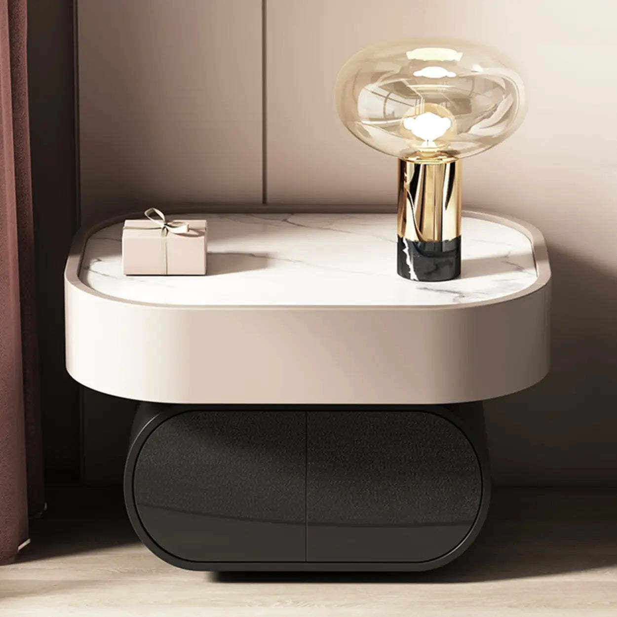 Modern Black White Marble-Top Nightstand