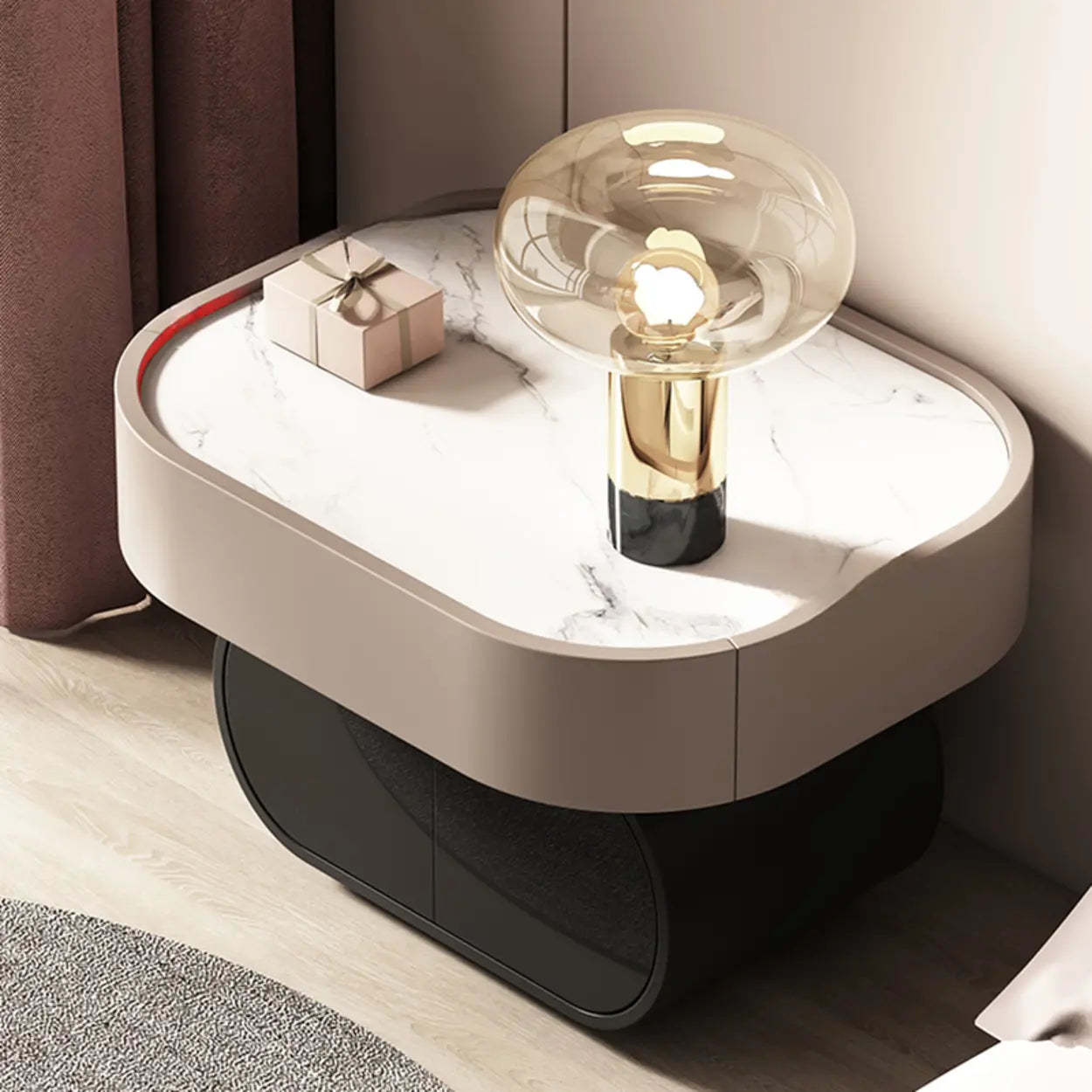 Modern Black White Marble-Top Nightstand