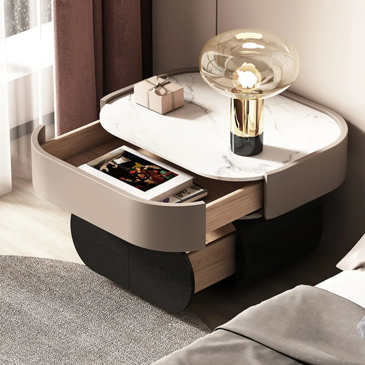 Modern Black White Marble-Top Nightstand