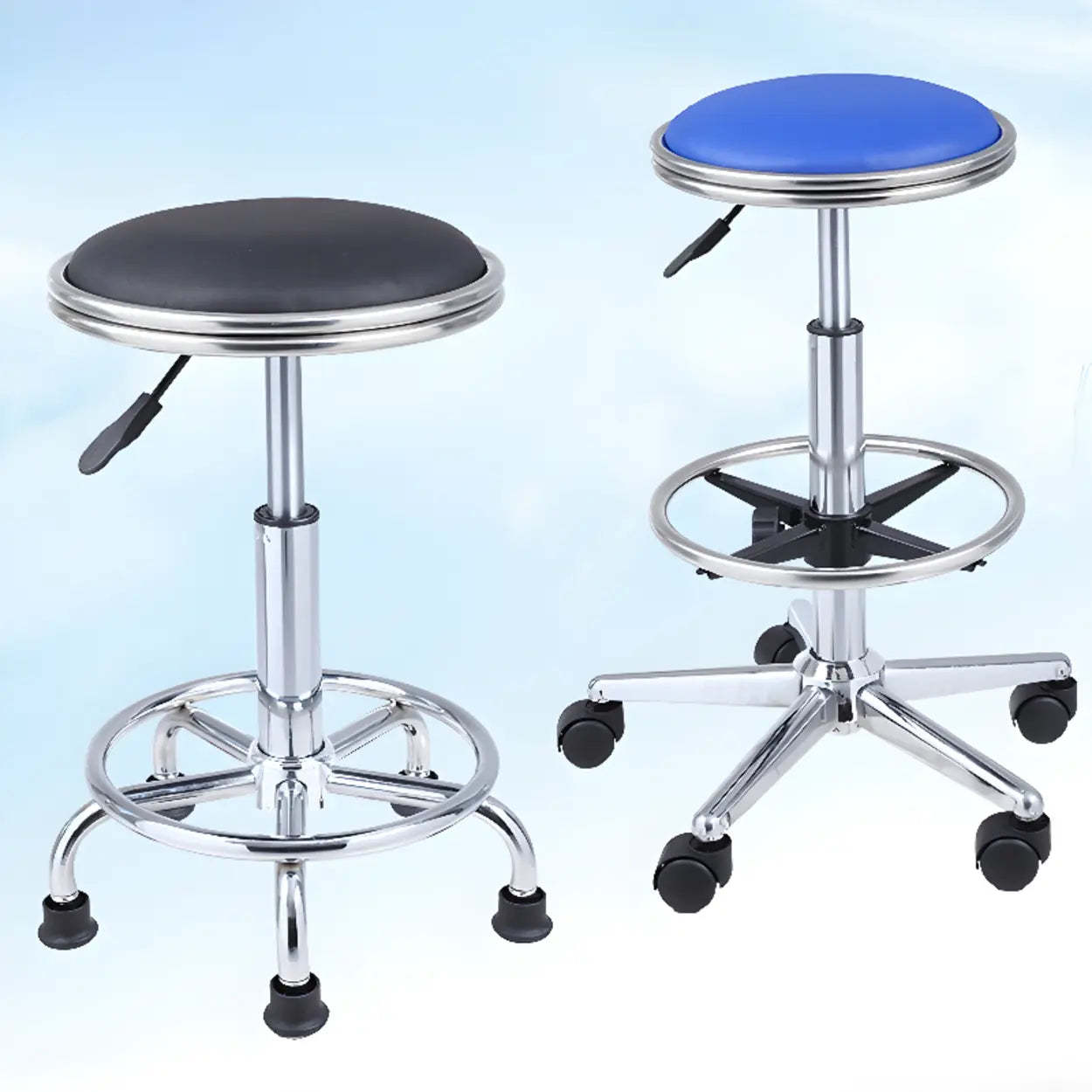 Modern Blue Round Alloy Backless Leather Stool — Black / Casters Included