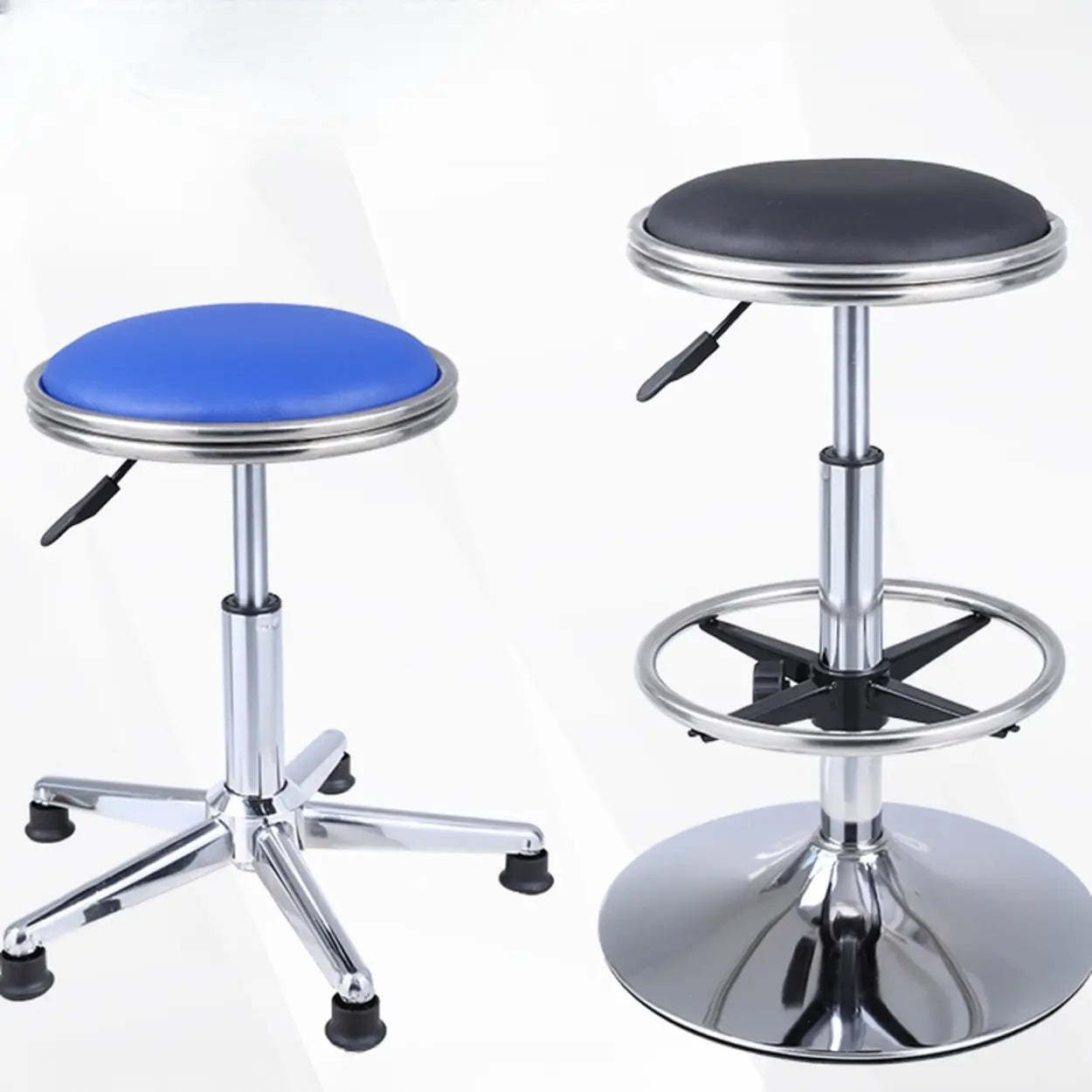 Modern Blue Round Alloy Backless Leather Stool — Blue / Casters Included