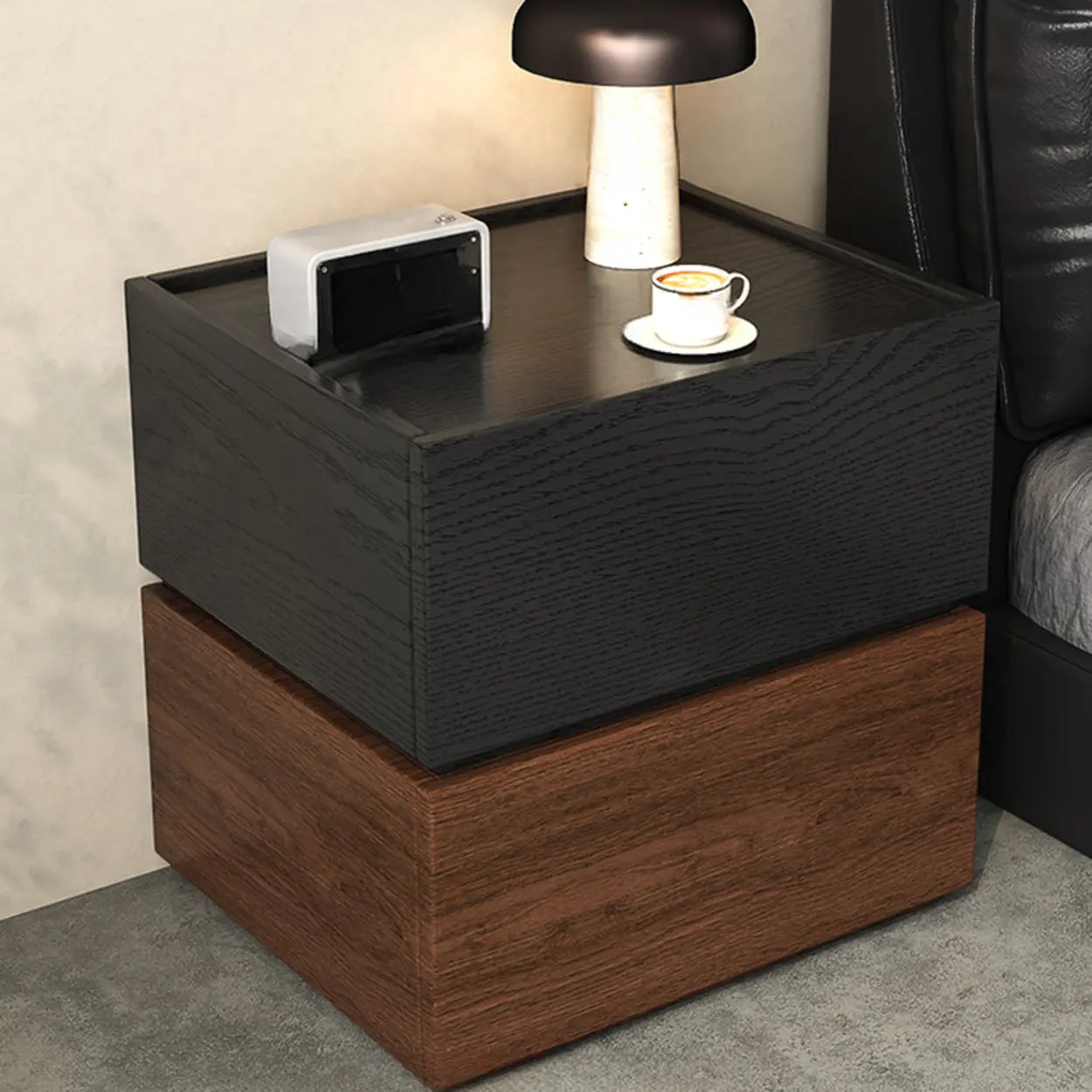 Modern Brown Black Wood Nightstand with Drawer