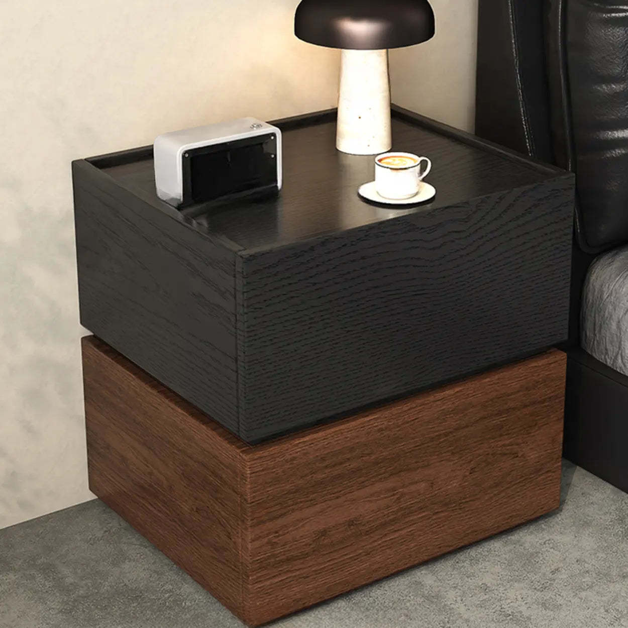 Modern Brown Black Wood Nightstand with Drawer — Black/ Walnut