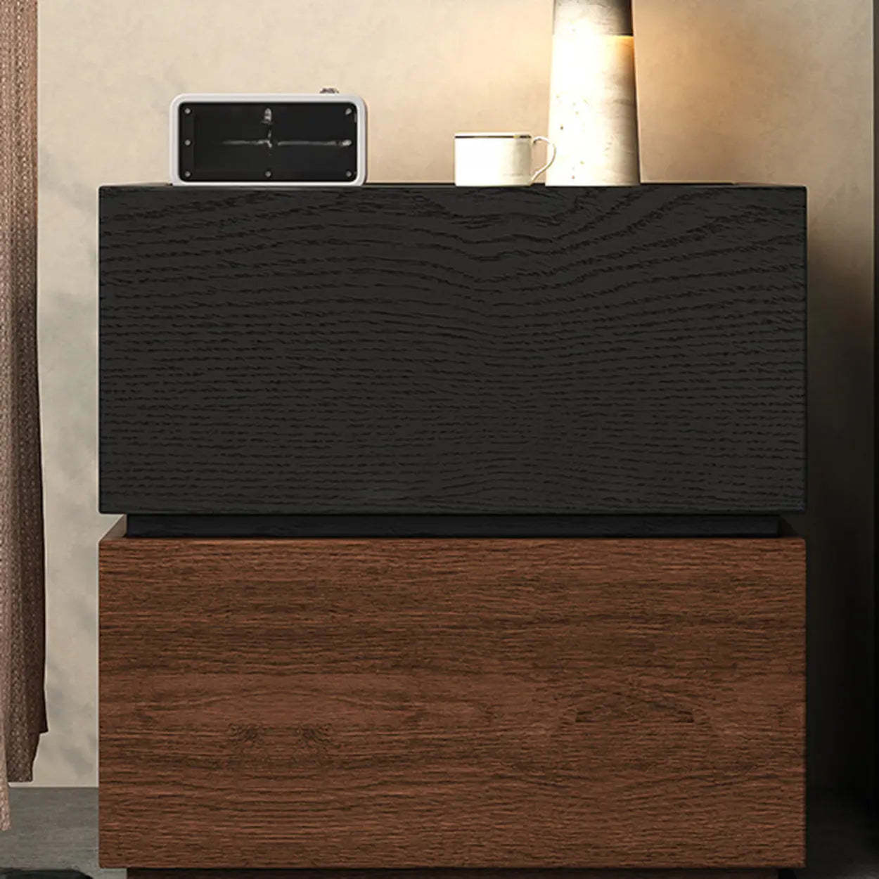 Modern Brown Black Wood Nightstand with Drawer — Black/ Walnut
