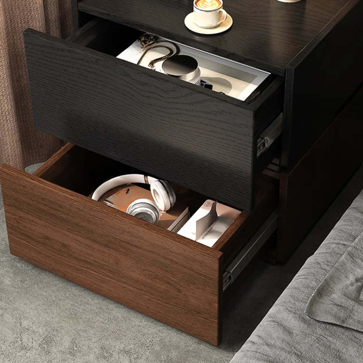 Modern Brown Black Wood Nightstand with Drawer — White-Black
