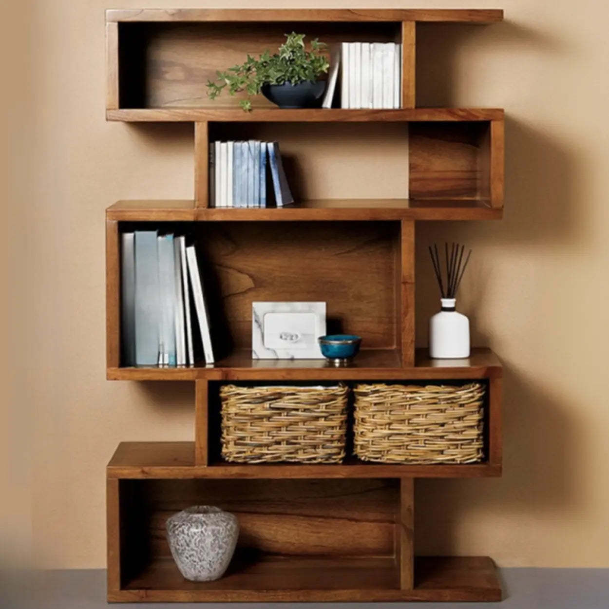 Modern Brown Geometric Pine Wood Bookcase