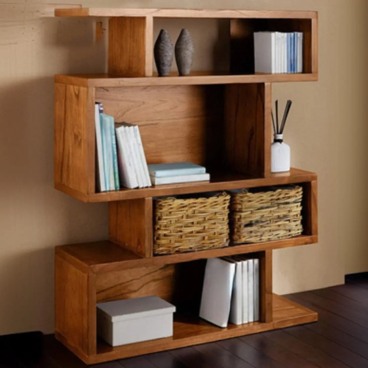 Modern Brown Geometric Pine Wood Bookcase