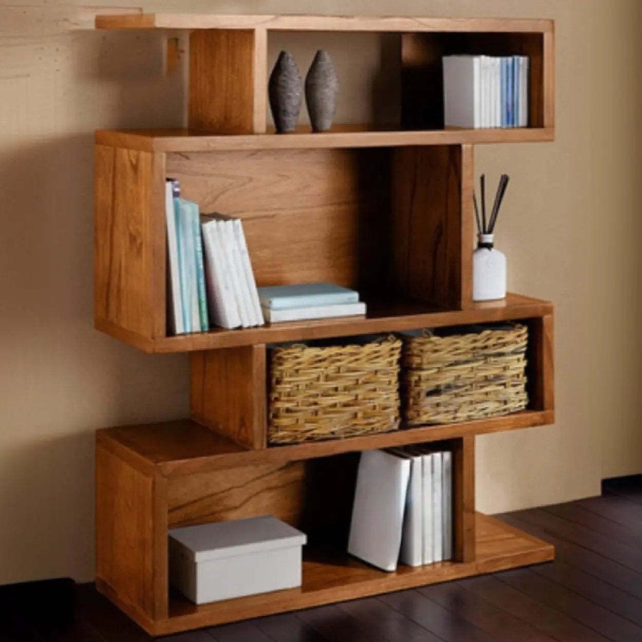 Modern Brown Geometric Pine Wood Bookcase