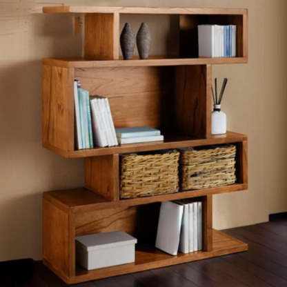 Modern Brown Geometric Pine Wood Bookcase