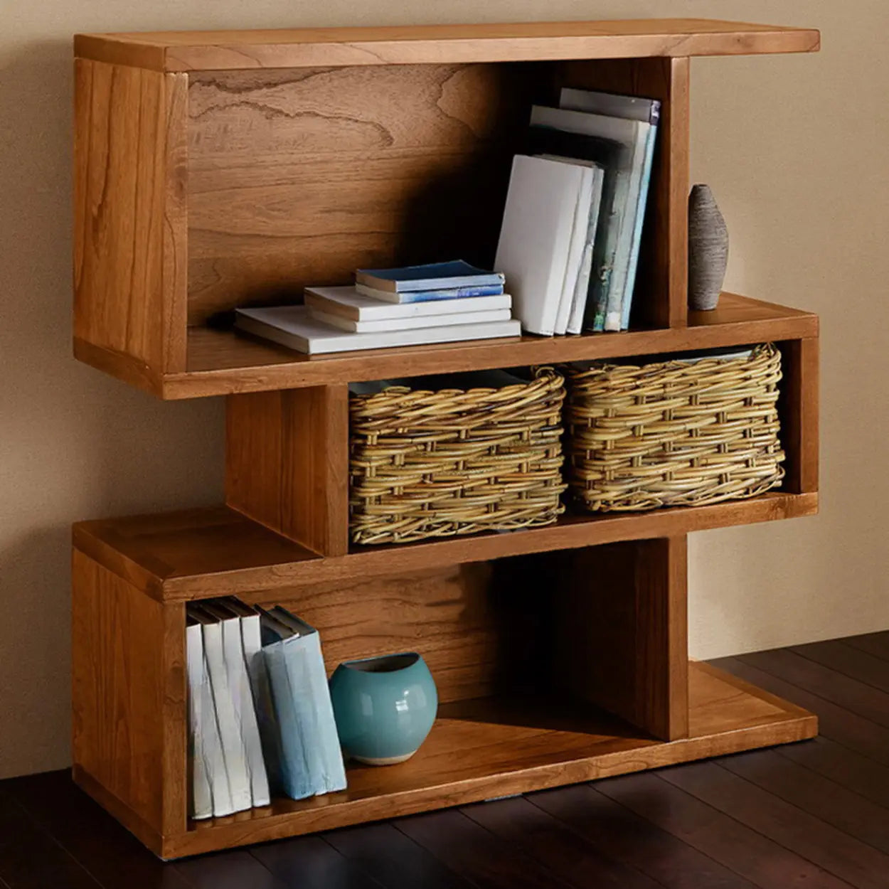 Modern Brown Geometric Pine Wood Bookcase