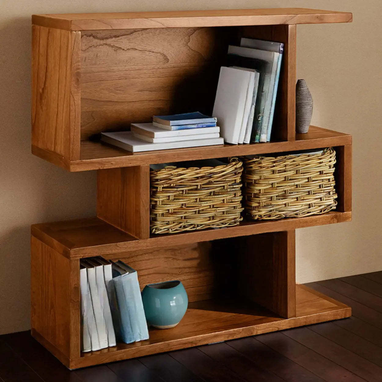 Brown modern geometric pine bookcases — 30" L x 12" W x 37" H
