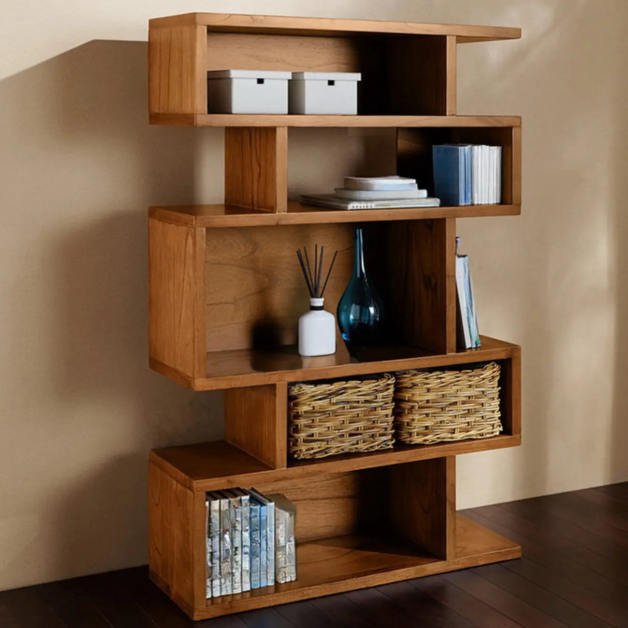 Modern Brown Geometric Pine Wood Bookcase