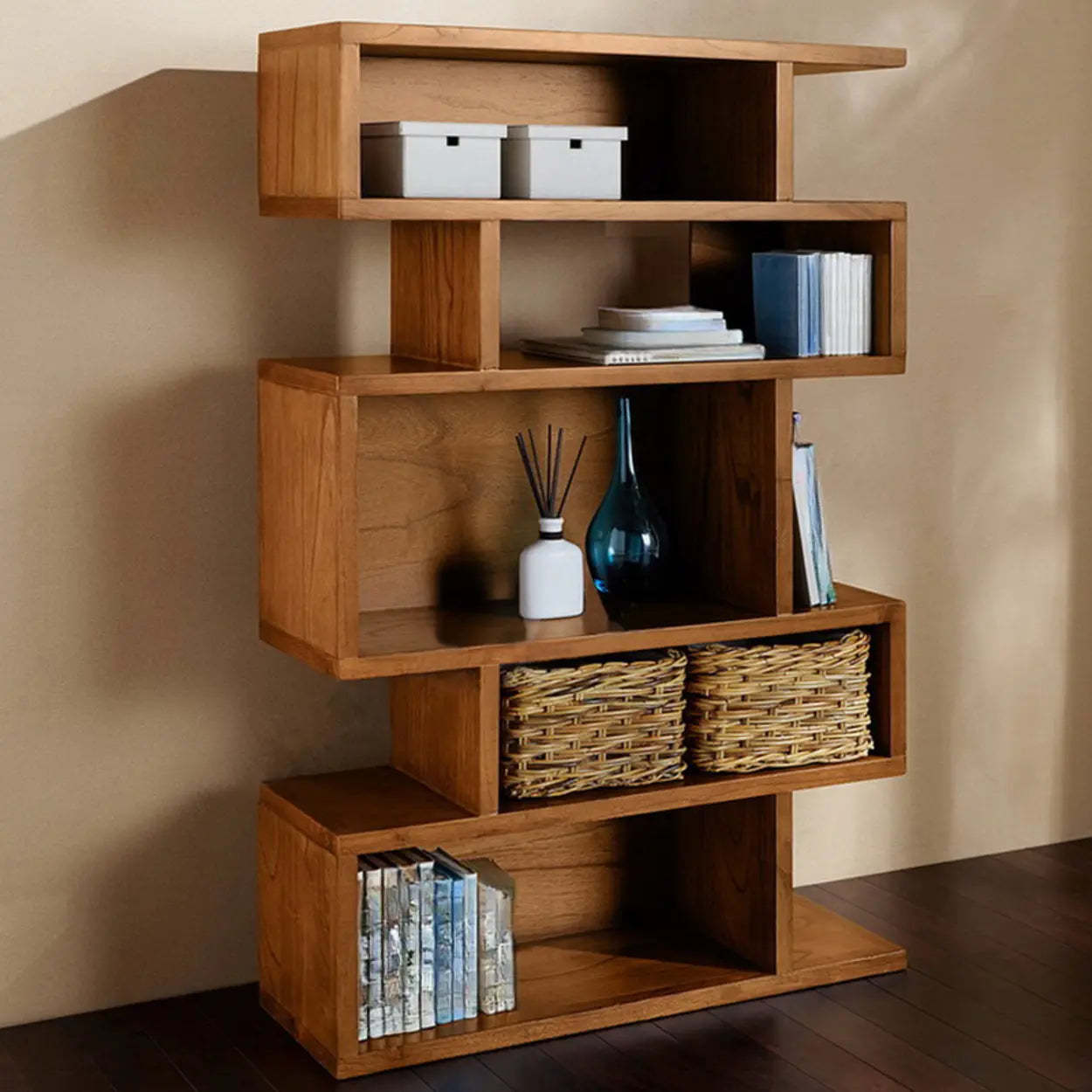 Modern Brown Geometric Pine Wood Bookcase