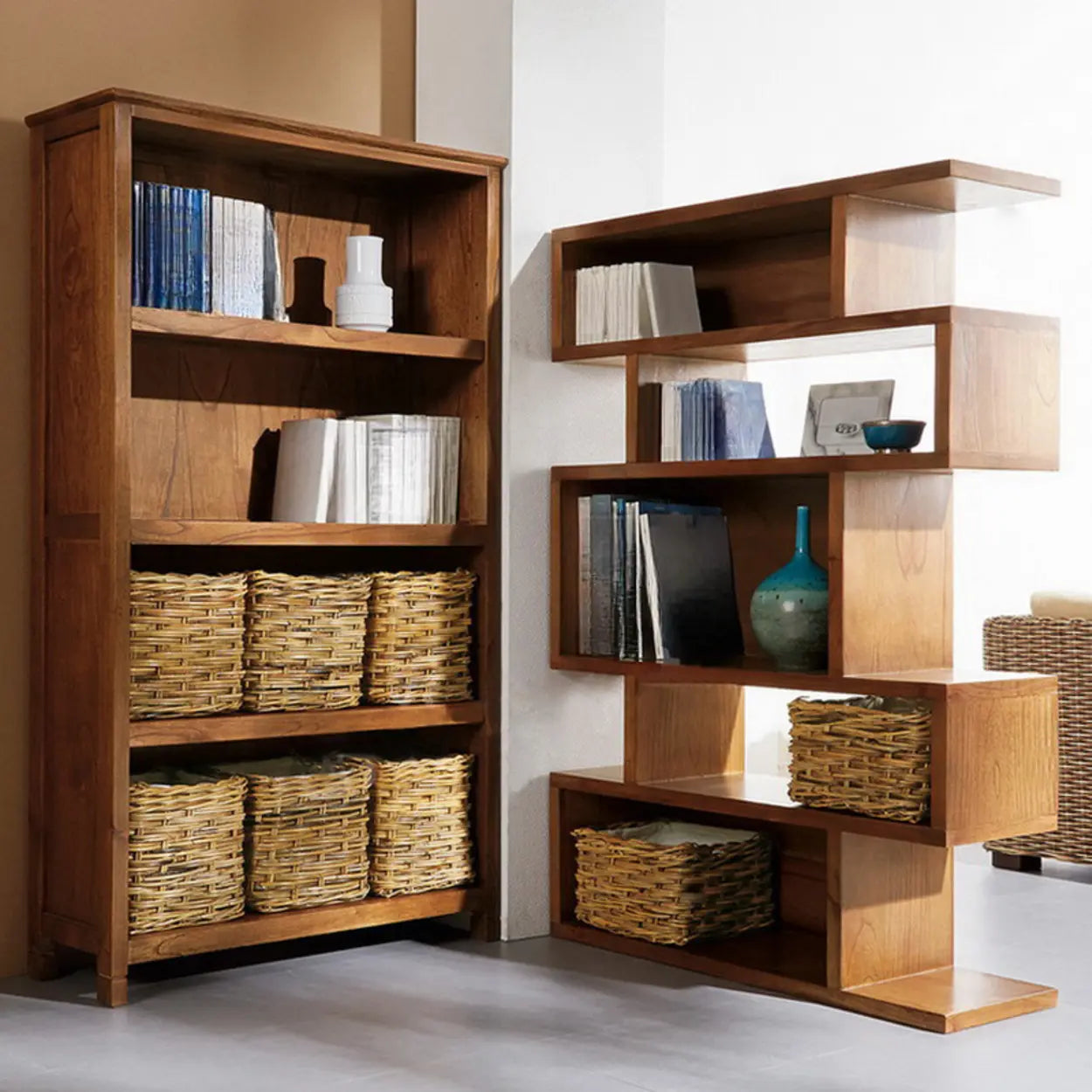 Modern Brown Geometric Pine Wood Bookcase