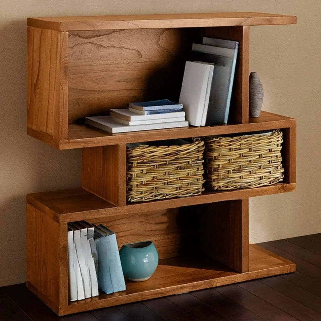 Modern Brown Geometric Pine Wood Bookcase