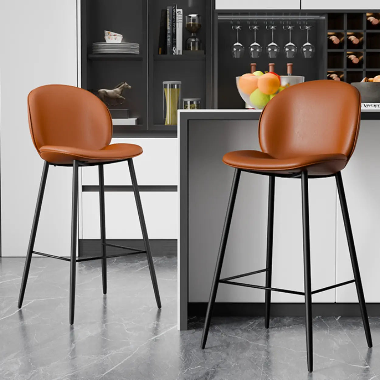 Modern Brown Leather Bucket Bar Stool with Metal Legs