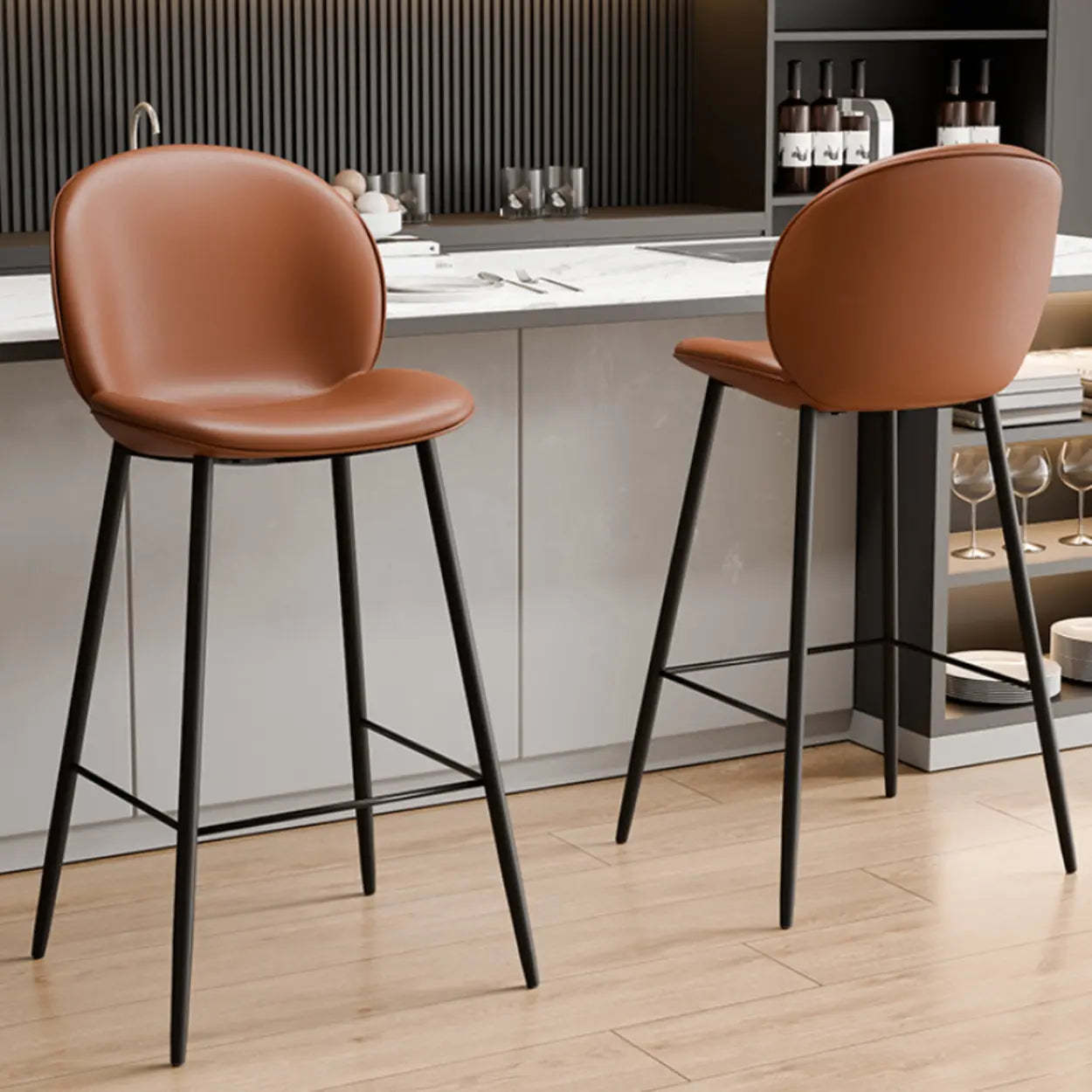 Modern Brown Leather Bucket Bar Stool with Metal Legs — Gray