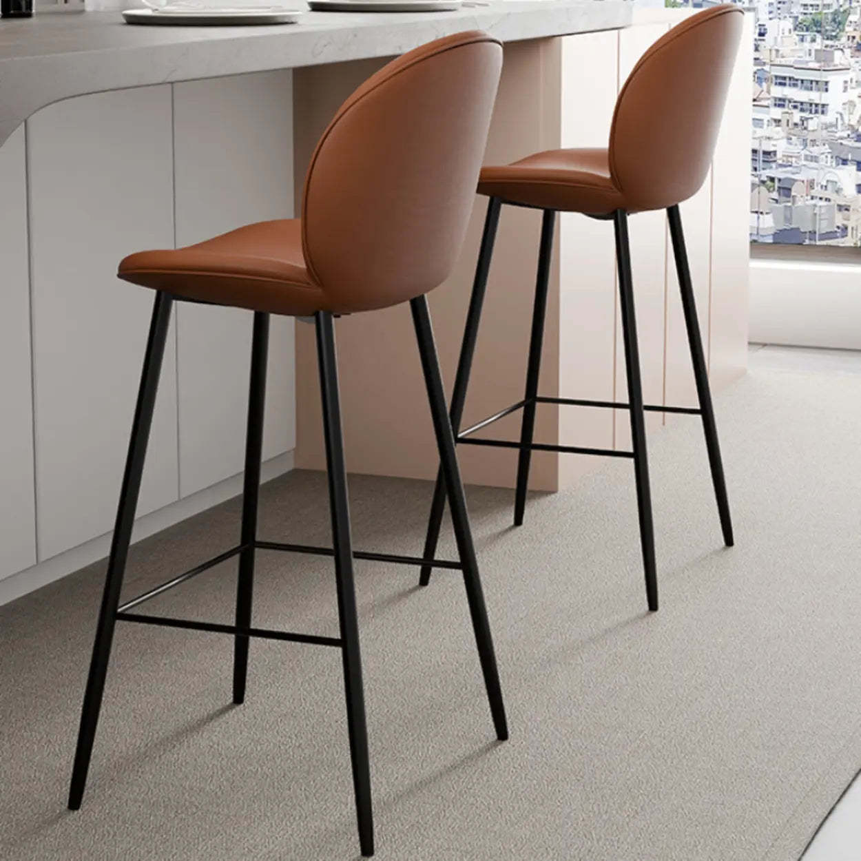 Modern Brown Leather Bucket Bar Stool with Metal Legs — Green