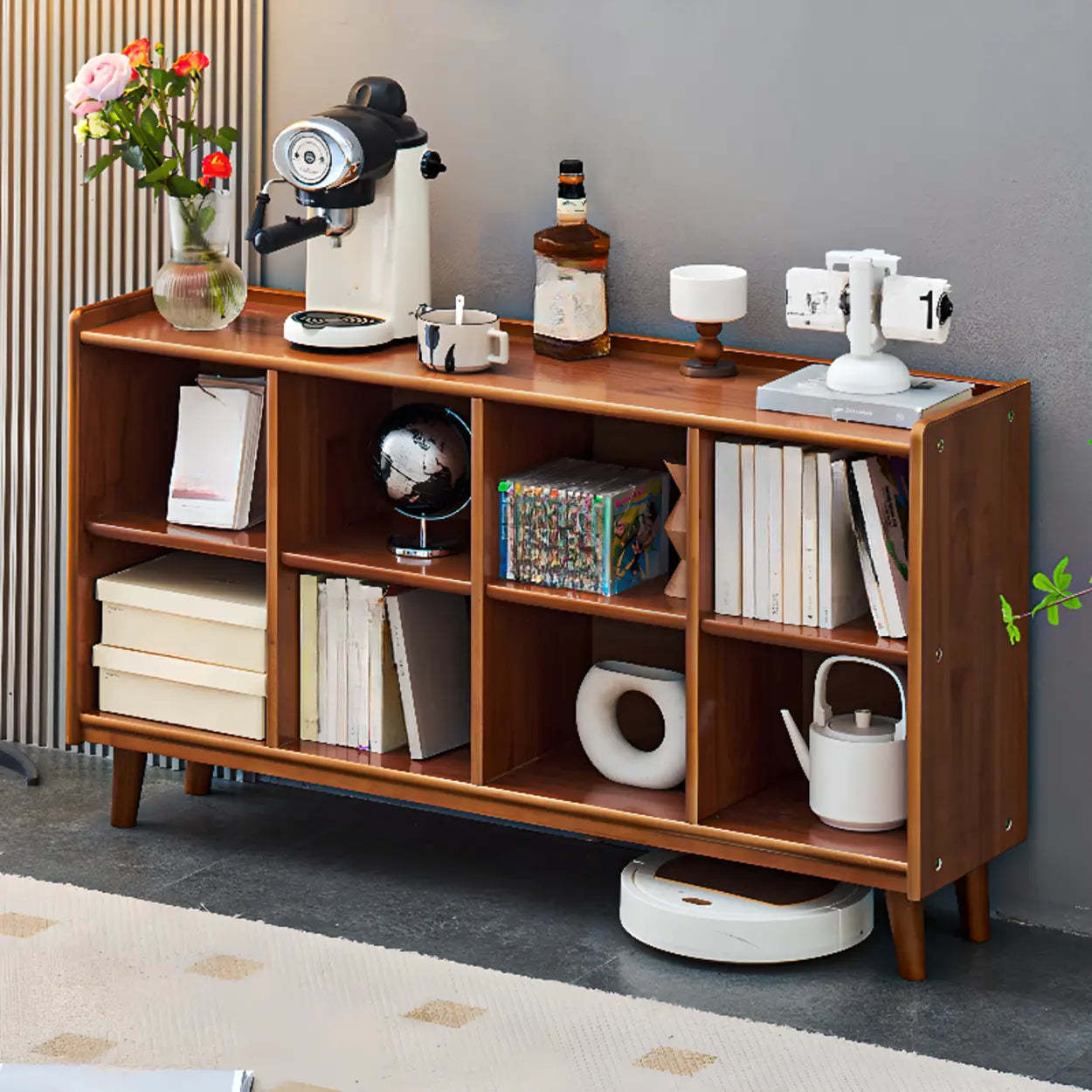Brown Wood Rectangular Wide Bookcase