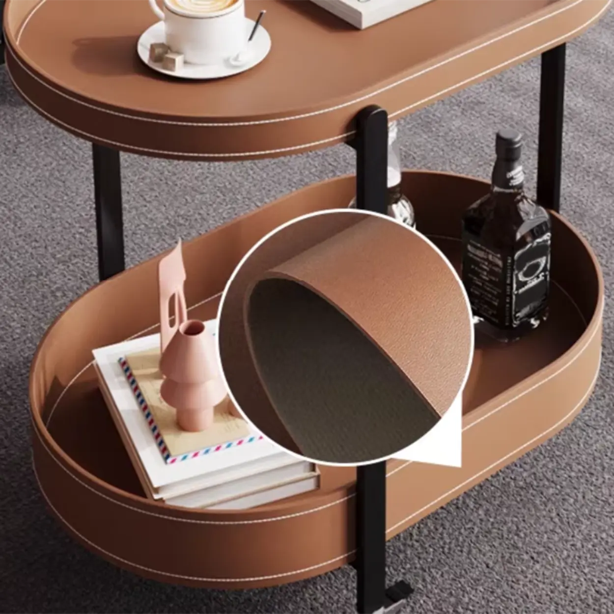 Brown leather acrylic wood rollers chairside coffee tables - modern