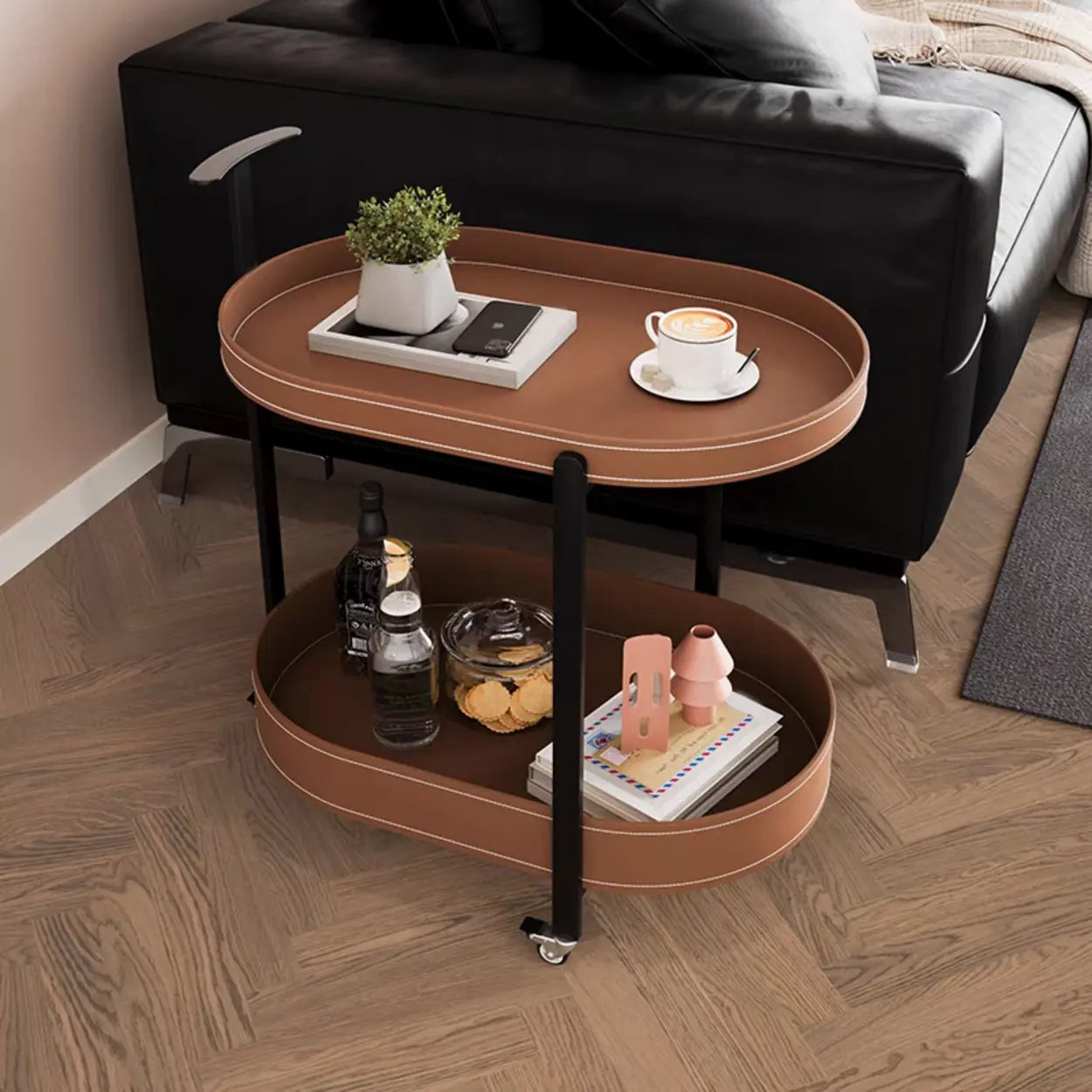 Modern Brown Oval Chairside Table with Rollers