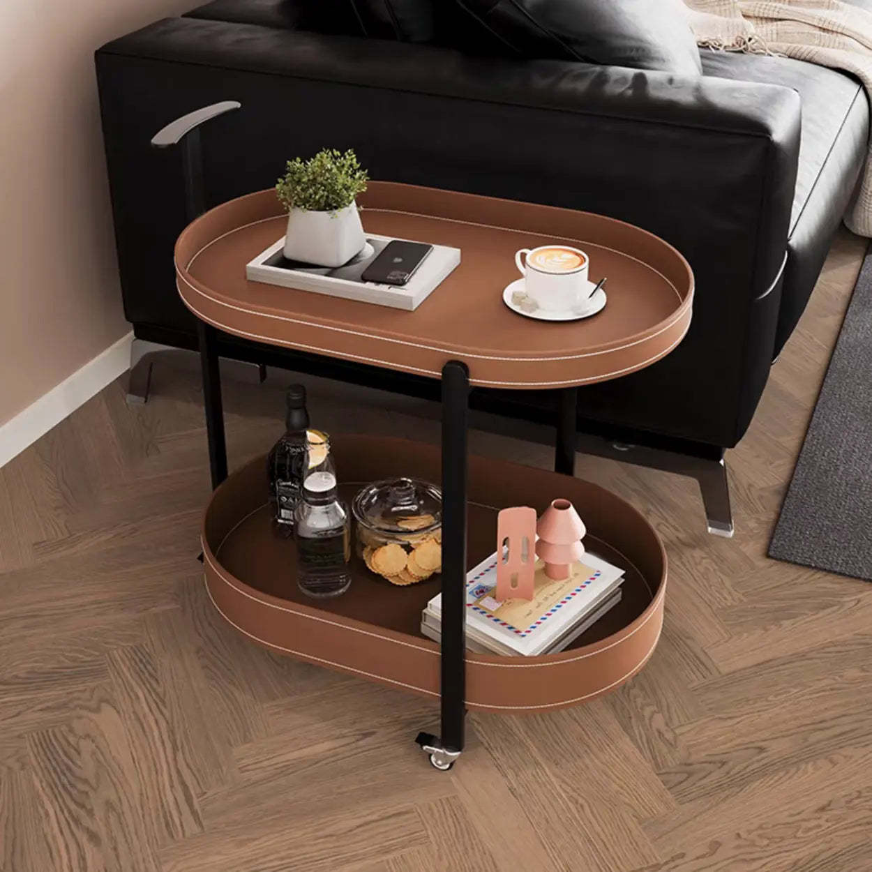 Modern Brown Oval Chairside Table with Rollers