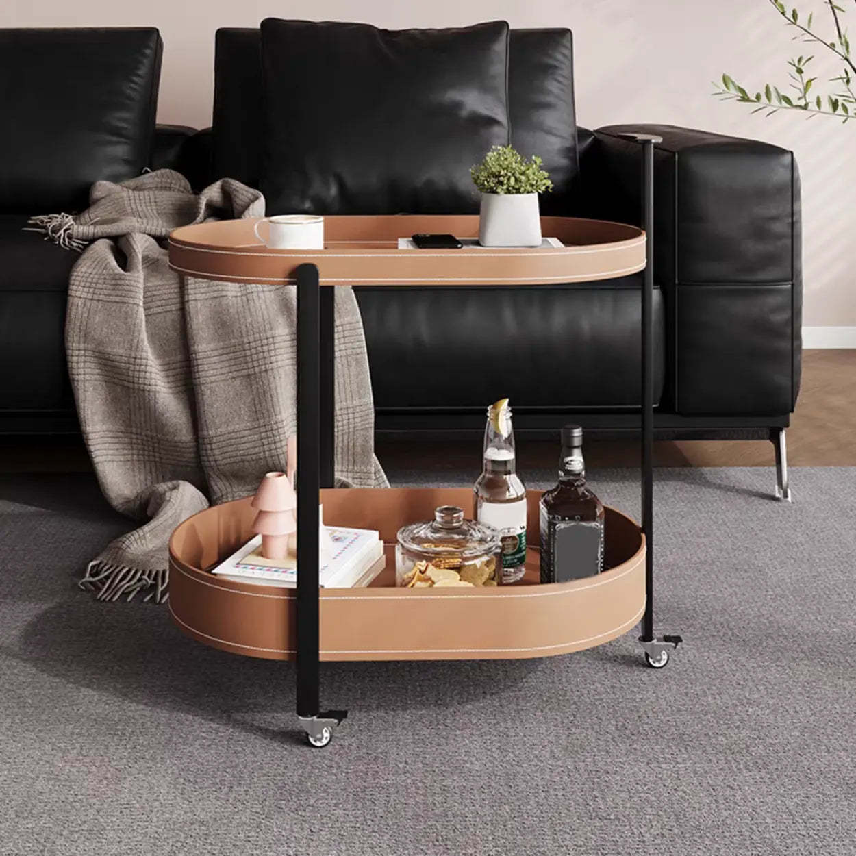 Modern Brown Oval Chairside Table with Rollers