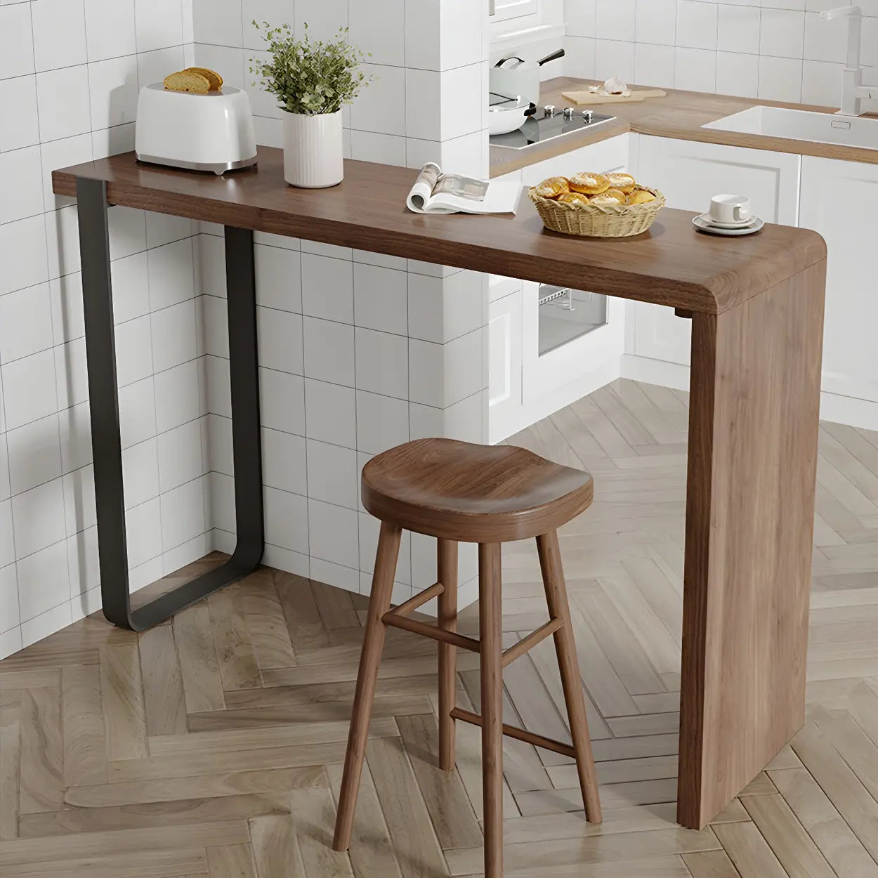 Modern Brown Rectangular Bar Table with Metal Leg