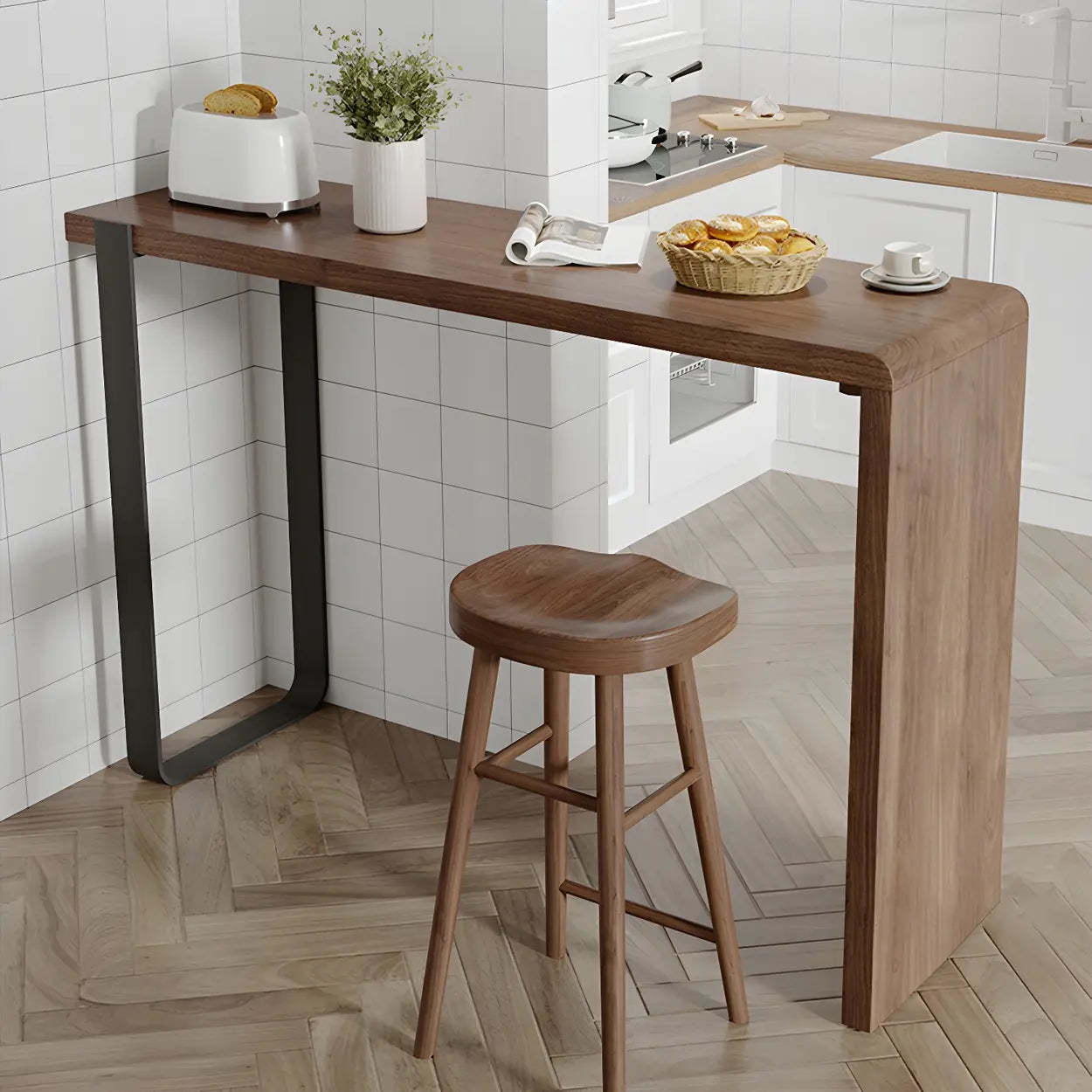 Modern Brown Rectangular Bar Table with Metal Leg — Table Only