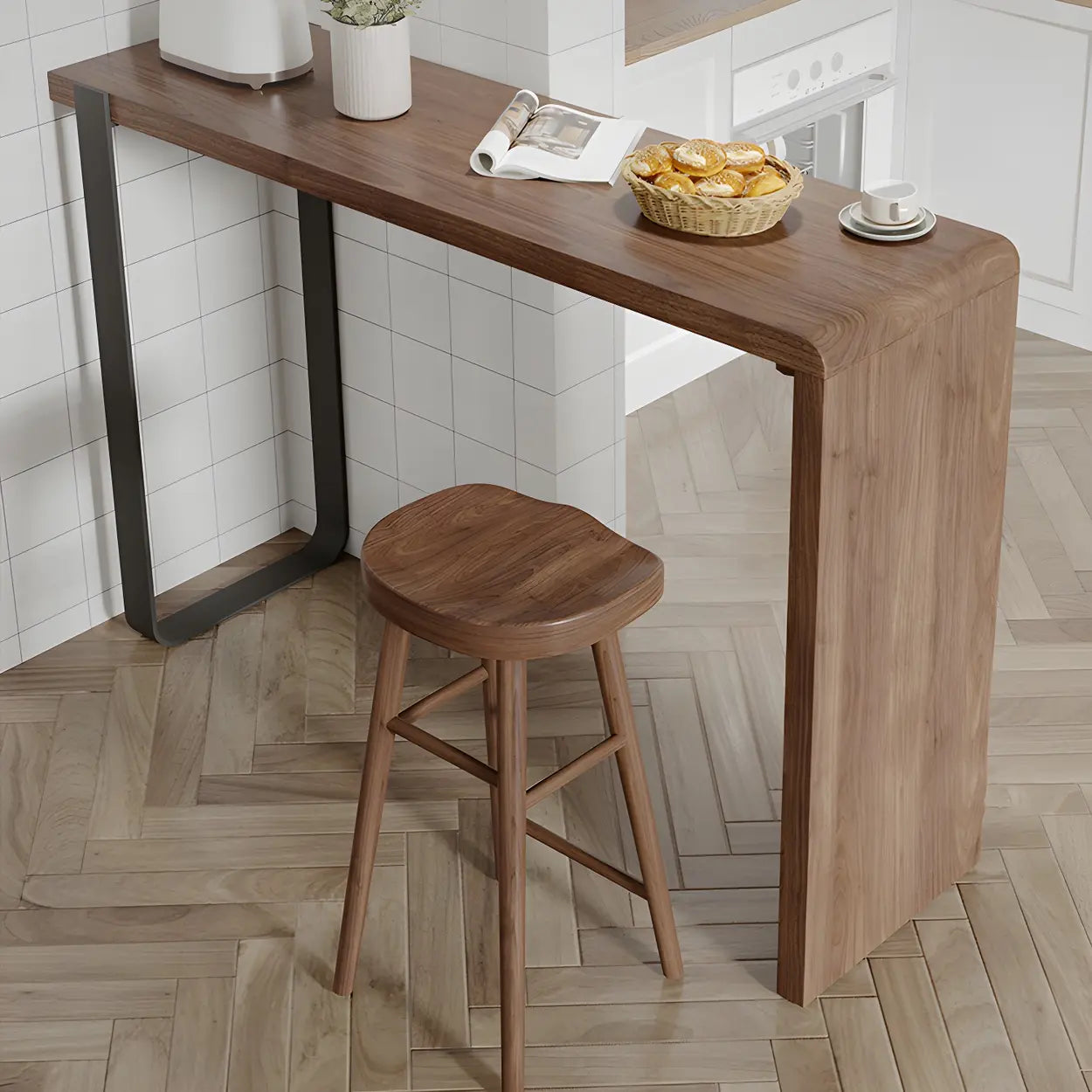 Modern Brown Rectangular Bar Table with Metal Leg — Table Only