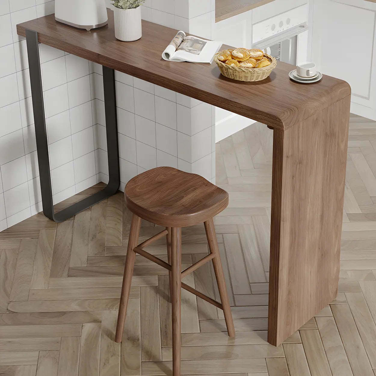 Modern Brown Rectangular Bar Table with Metal Leg — Table Only