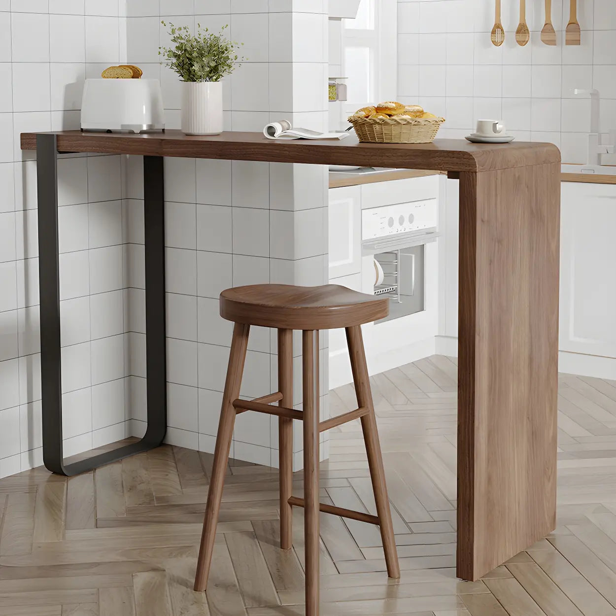 Modern Brown Rectangular Bar Table with Metal Leg — Table Only