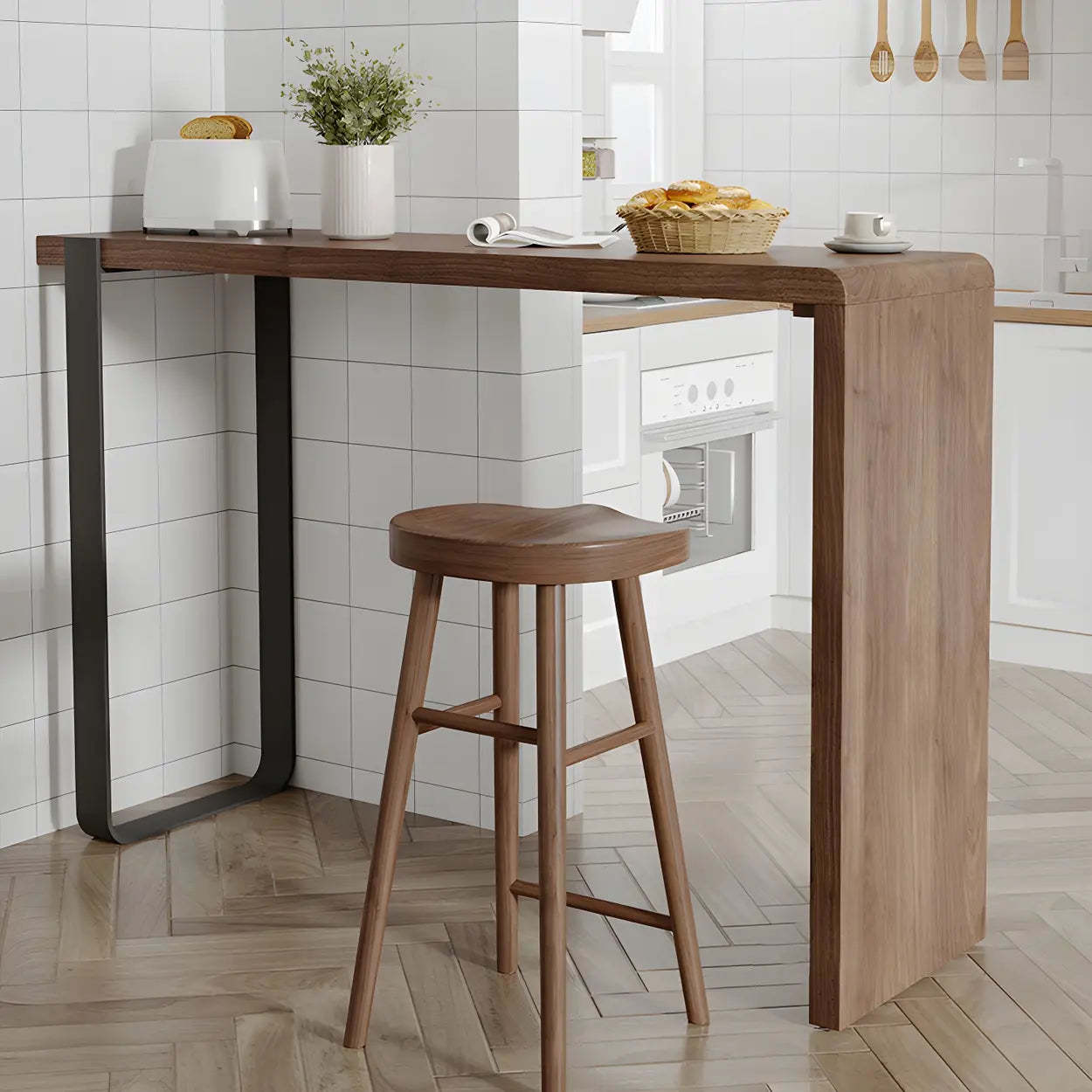 Modern Brown Rectangular Bar Table with Metal Leg — Table Only