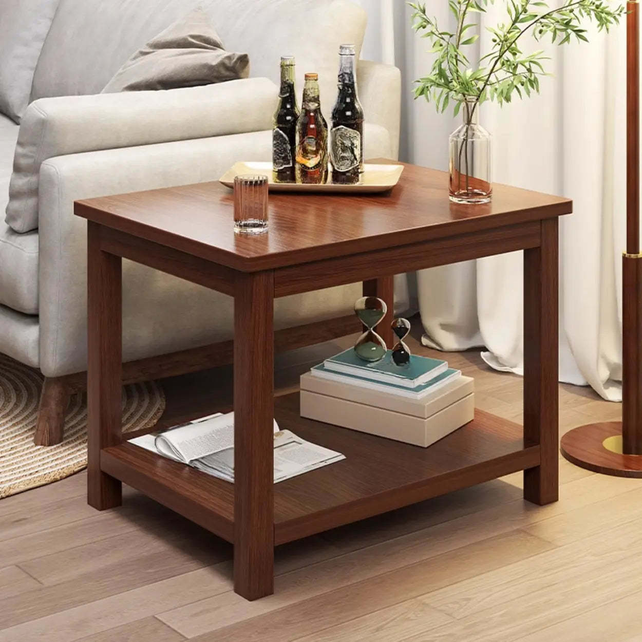 Modern Brown Rectangular Wood End Table — Light Walnut / Drawers Included