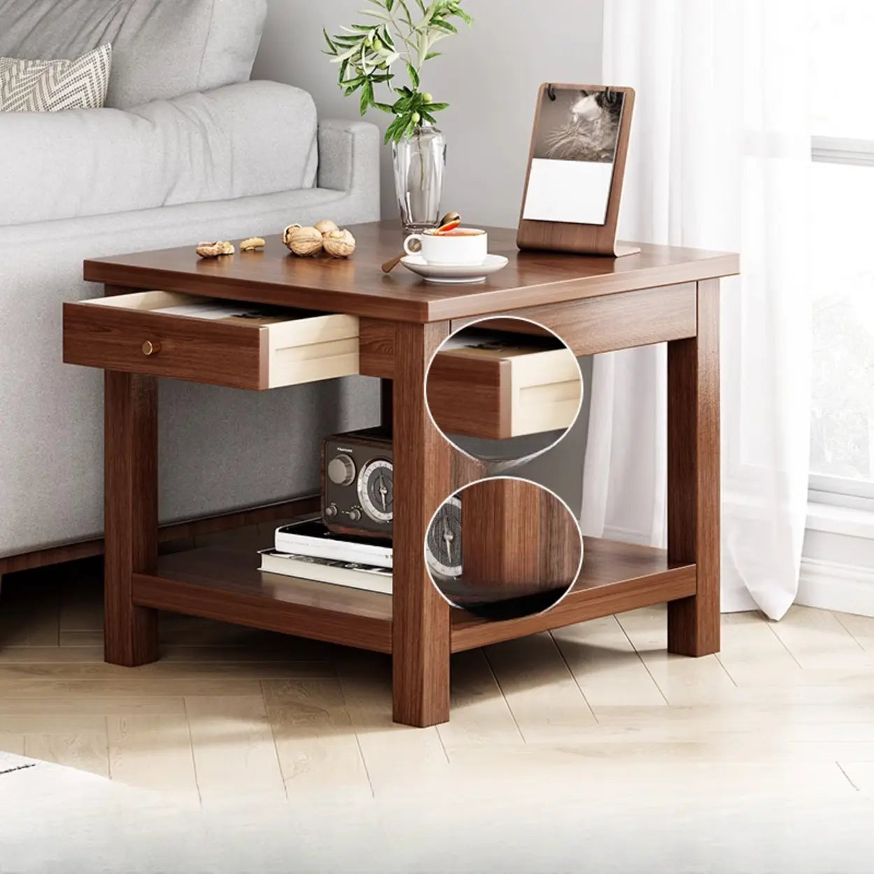Modern Brown Rectangular Wood End Table — Black Walnut / Drawers Included