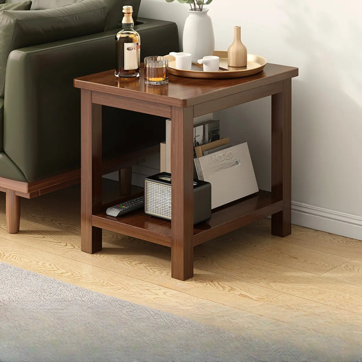 Modern Brown Rectangular Wood End Table — Black Walnut / Drawers Included