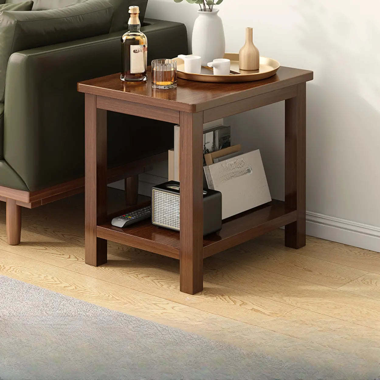 Modern Brown Rectangular Wood End Table — Black Walnut / Drawers Included