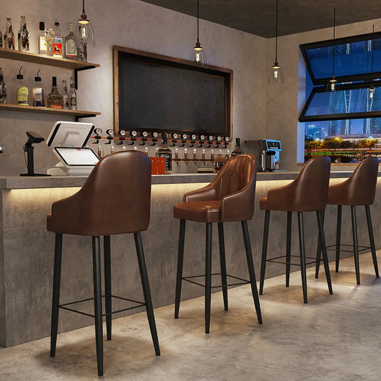 Modern Brown Square Leather Bar Stool — Brown
