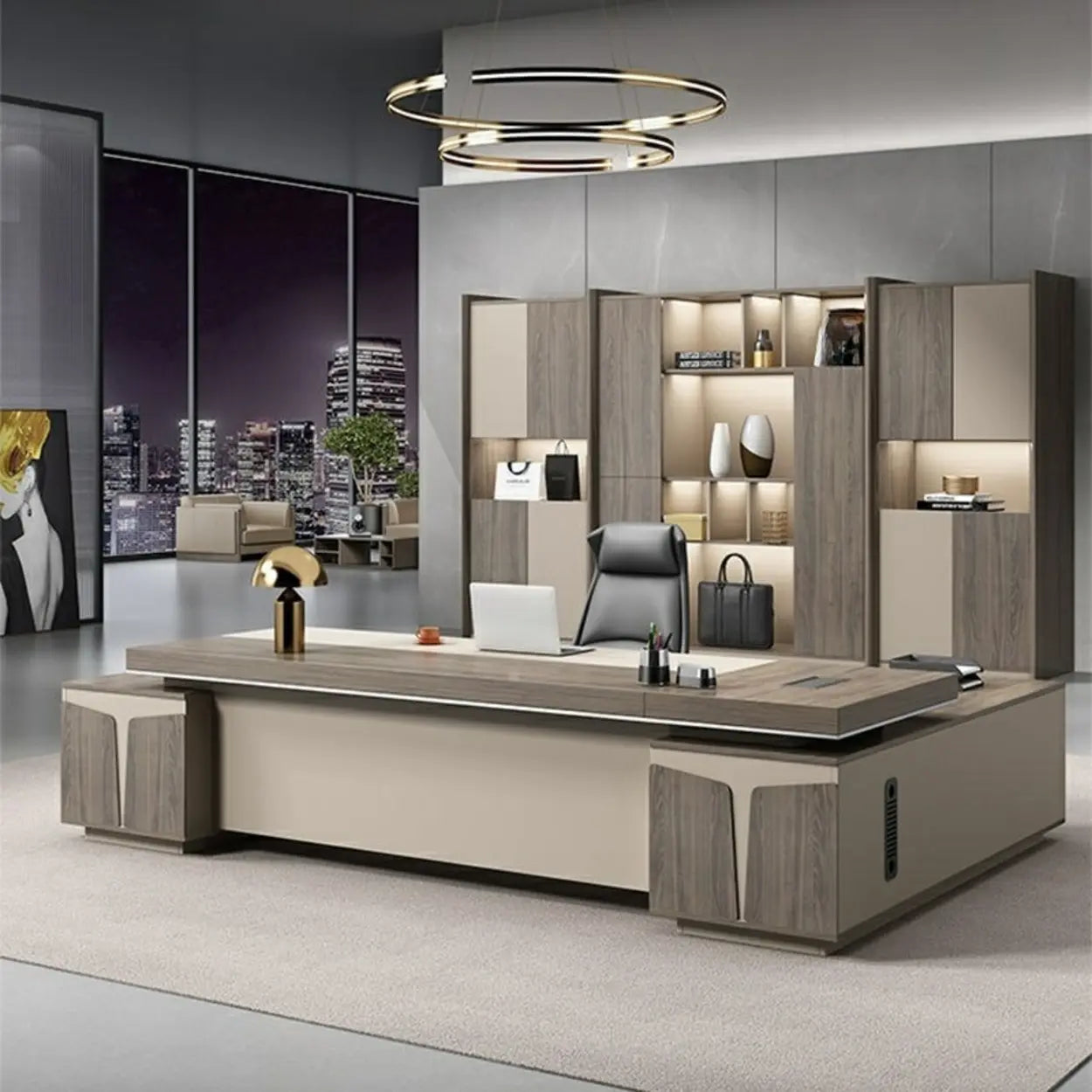 Modern Brown Wood L-Shape Office Executive Desk