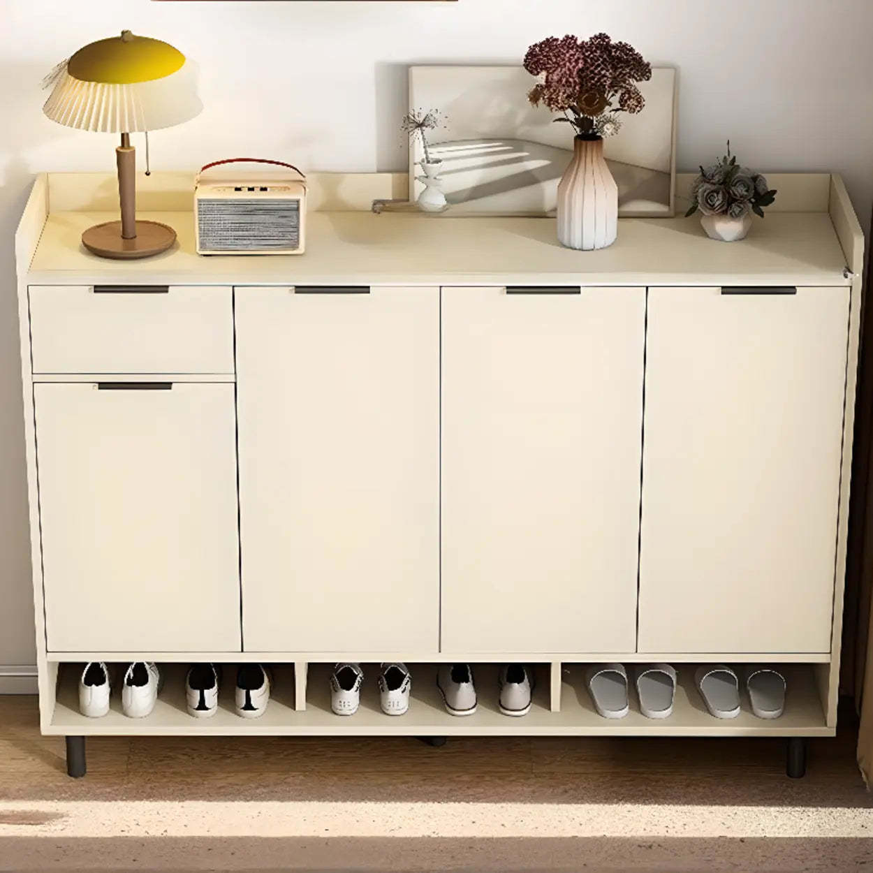 Modern Beige Wood Large Hallway Shoe Cabinet — Off-White