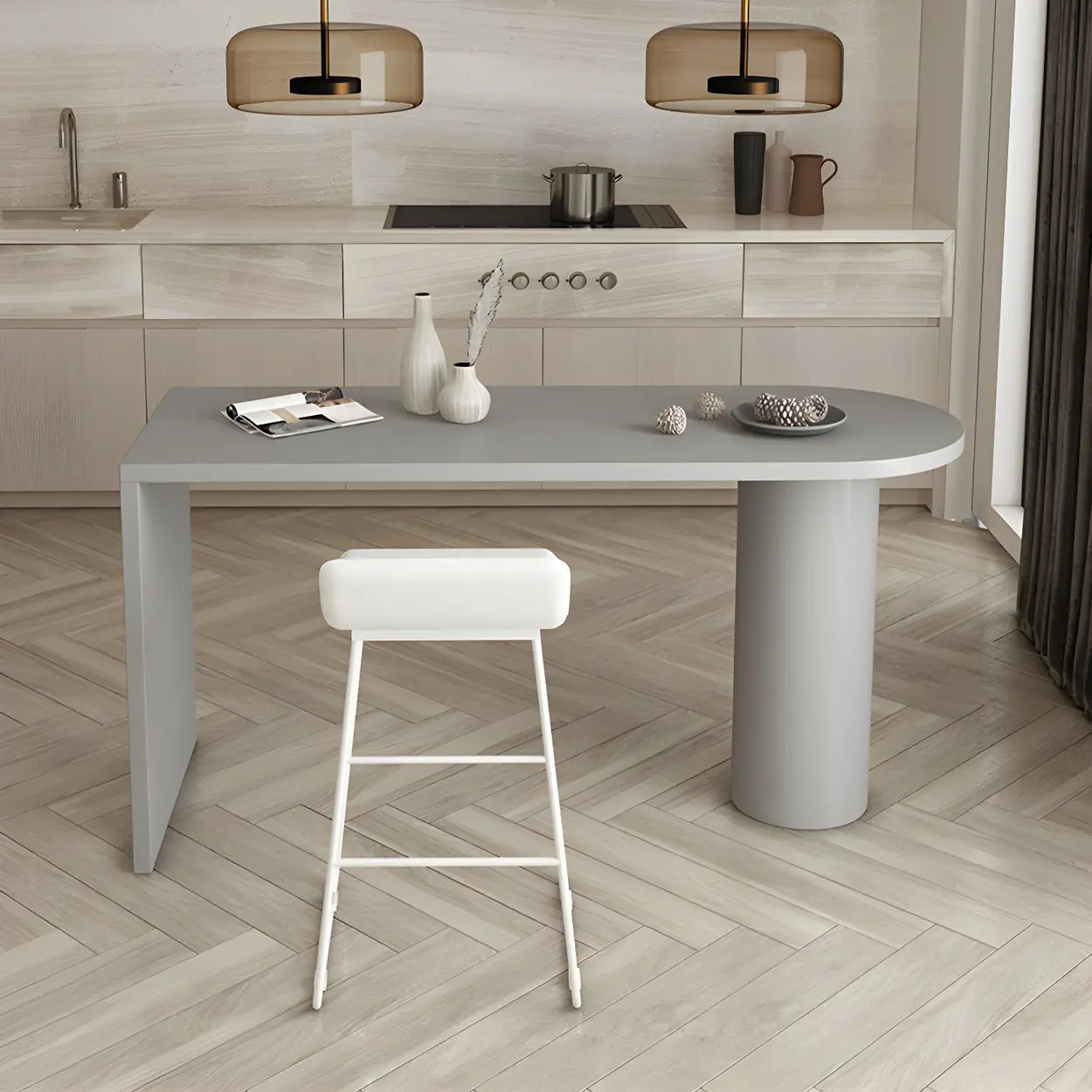Modern Gray Oval Metal Wood Bistro Bar Table