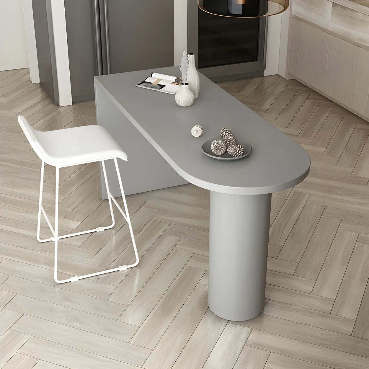 Modern Gray Oval Metal Wood Bistro Bar Table — White / Table Only