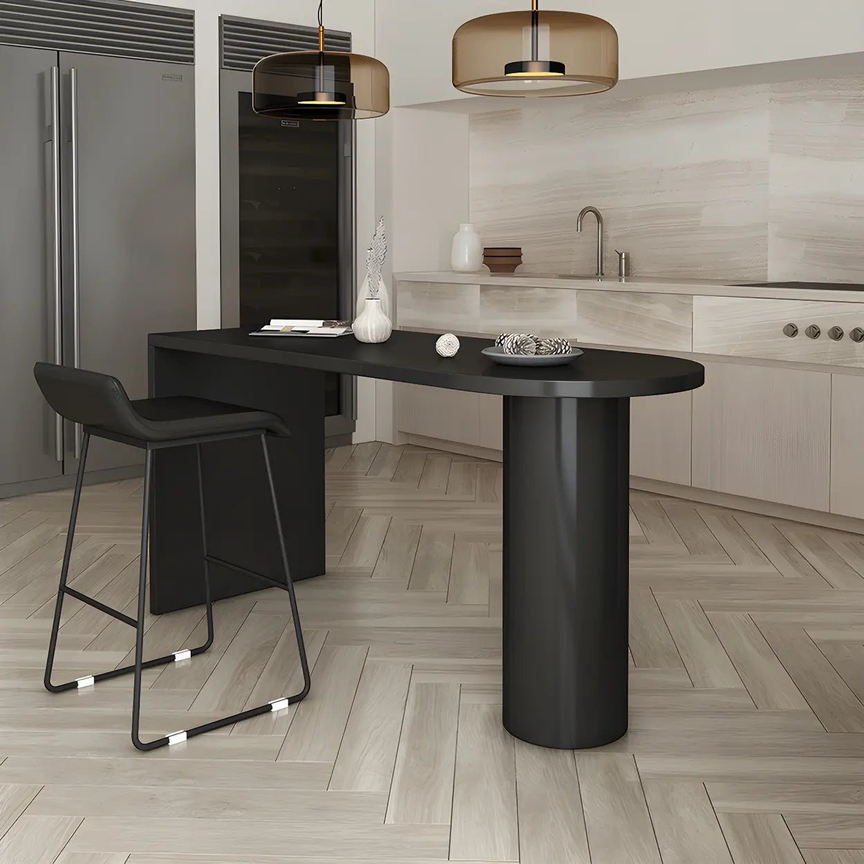 Modern Gray Oval Metal Wood Bistro Bar Table — Grey / Table Only
